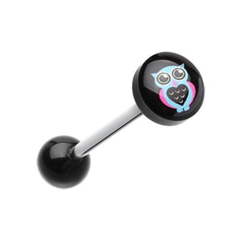 Dreamy Heart Owl Logo Acrylic Barbell Tongue Ring 14G (1.6mm) Length: 5/8″ (16mm) | Ball-Size: 5/16″ (8mm)