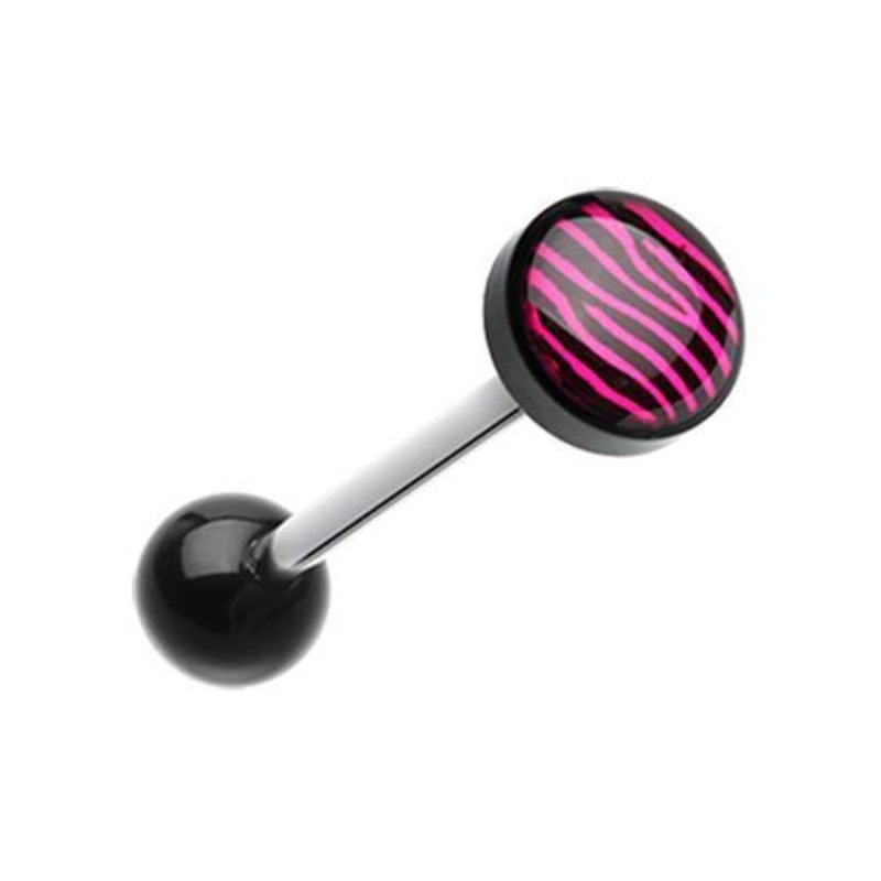 Fuchsia Zebra Stripe Logo Acrylic Barbell Tongue Ring 14G (1.6mm) Length: 5/8″ (16mm) | Ball-Size: 5/16″ (8mm)