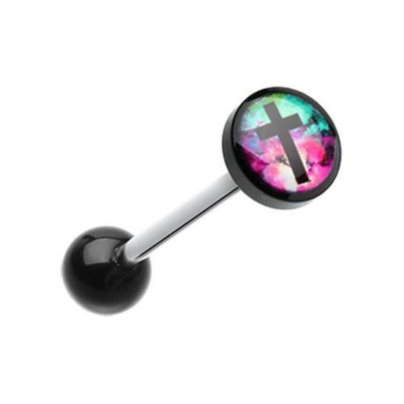 Galaxy Cross Logo Acrylic Barbell Tongue Ring 14G (1.6mm) Length: 5/8″ (16mm) | Ball-Size: 5/16″ (8mm)