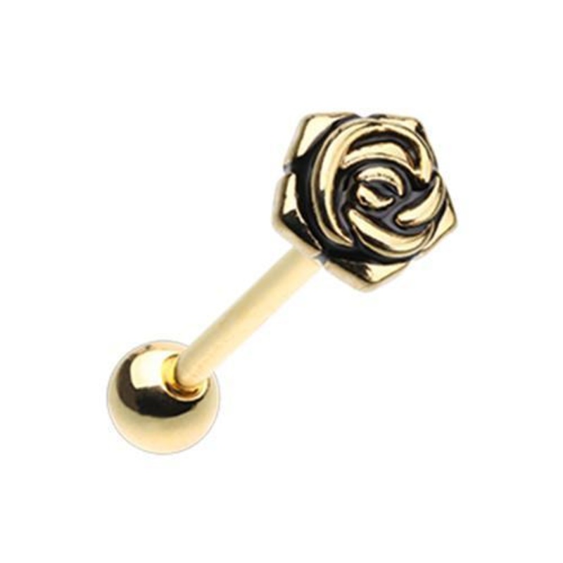 Golden Rose Petal Barbell Tongue Ring 14G (1.6mm) Length: 5/8″ (16mm)