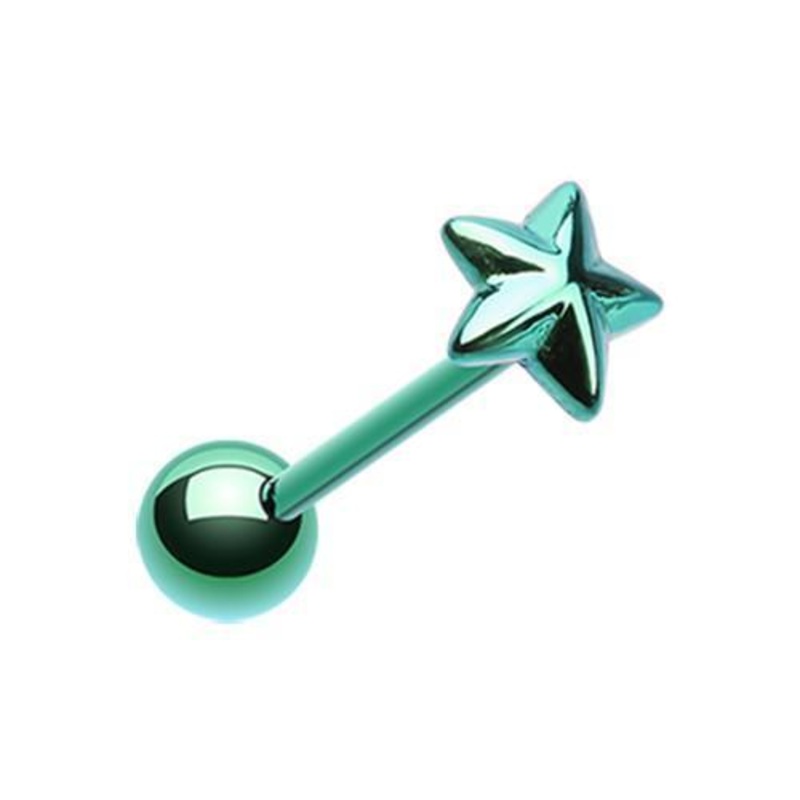 Green Black PVD Nautical Star Top Barbell Tongue Ring 14G (1.6mm) Length: 5/8″ (16mm) | Ball-Size: 5/16″ (8mm)