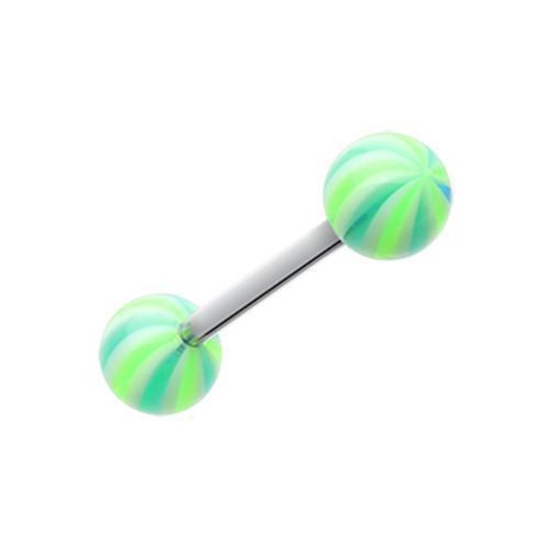 Green/Blue Candy Swirl Acrylic Top Barbell Tongue Ring 14G (1.6mm) Length: 5/8″ (16mm) | Ball-Size: 1/4″ (6mm)