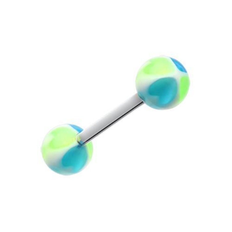 Green/Blue Heart Tetrad Acrylic Top Barbell Tongue Ring 14G (1.6mm) Length: 5/8″ (16mm) | Ball-Size: 1/4″ (6mm)