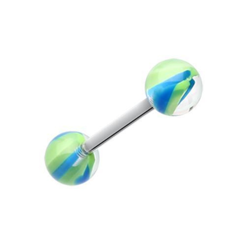 Green/Blue Marble Lace Acrylic Top Barbell Tongue Ring 14G (1.6mm) Length: 5/8″ (16mm) | Ball-Size: 1/4″ (6mm)