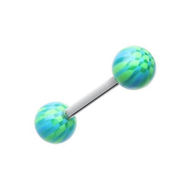 Green/Blue Native Checker Acrylic Top Barbell Tongue Ring 14G (1.6mm) Length: 5/8″ (16mm) | Ball-Size: 1/4″ (6mm)