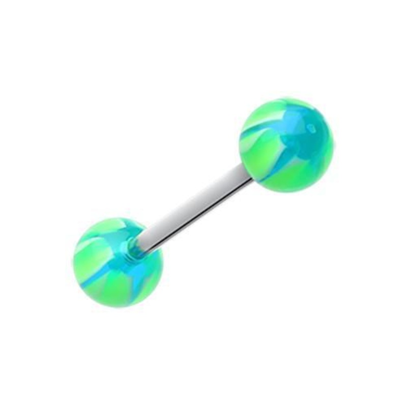 Green/Blue Swirl Punch Acrylic Top Barbell Tongue Ring 14G (1.6mm) Length: 5/8″ (16mm) | Ball-Size: 1/4″ (6mm)