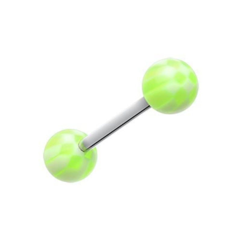 Green Classic Checker Acrylic Top Barbell Tongue Ring 14G (1.6mm) Length: 5/8″ (16mm) | Ball-Size: 1/4″ (6mm)