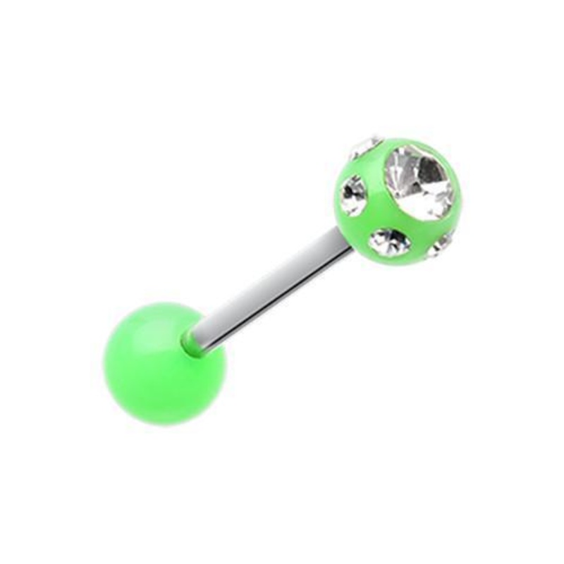 Green/Clear Aurora Gem Ball UV Acrylic Barbell Tongue Ring 14G (1.6mm) Length: 5/8″ (16mm) | Ball-Size: 1/4″ (6mm)