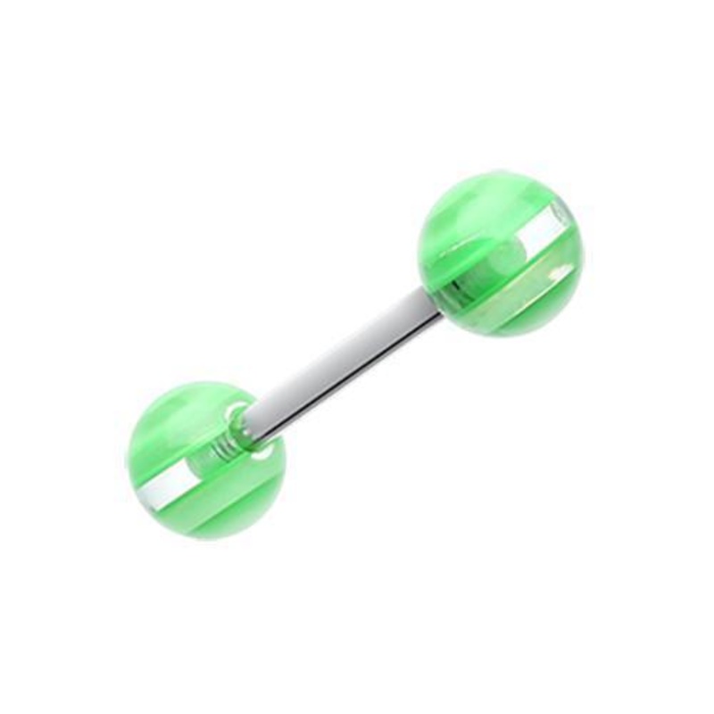 Green Clear Stripe UV Acrylic Barbell Tongue Ring 14G (1.6mm) Length: 5/8″ (16mm) | Ball-Size: 1/4″ (6mm)