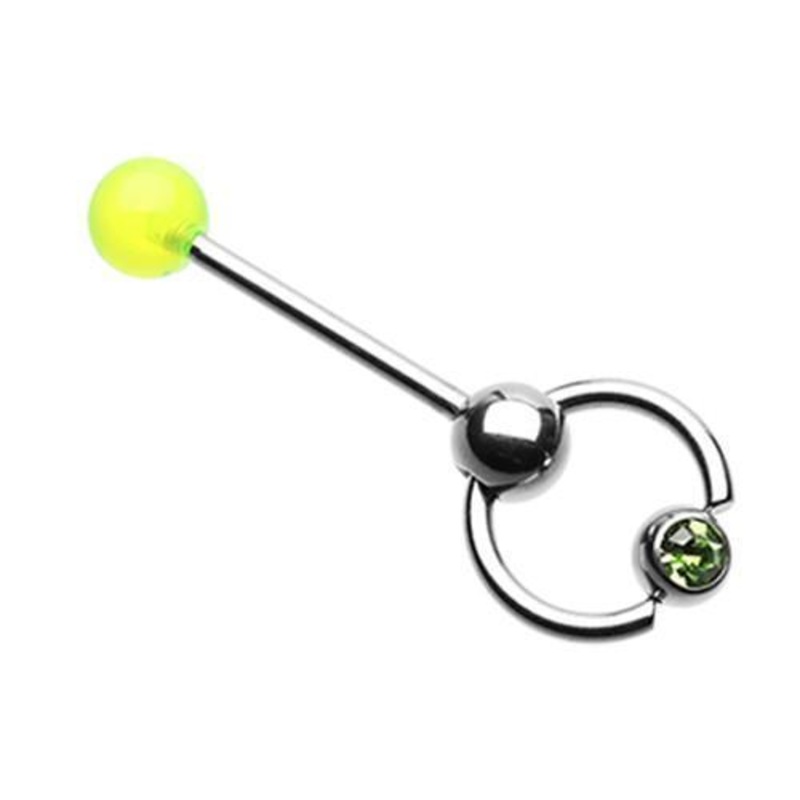 Green Gem Ball Top Slave Tongue Barbell Ring 14G (1.6mm) Length: 5/8″ (16mm)