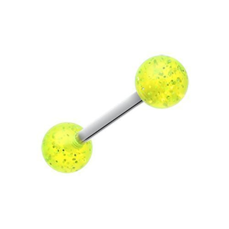 Green Glitter Ball UV Acrylic Barbell Tongue Ring 14G (1.6mm) Length: 5/8″ (16mm) | Ball-Size: 1/4″ (6mm)