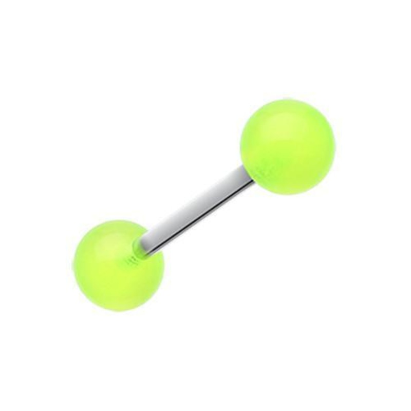 Green Glow in the Dark UV Acrylic Barbell Tongue Ring 14G (1.6mm) Length: 5/8″ (16mm) | Ball-Size: 1/4″ (6mm)