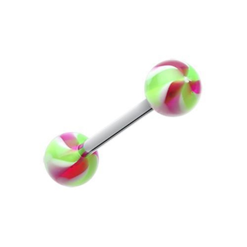 Green/Purple Pinwheel Stripe Acrylic Top Barbell Tongue Ring 14G (1.6mm) Length: 5/8″ (16mm) | Ball-Size: 1/4″ (6mm)