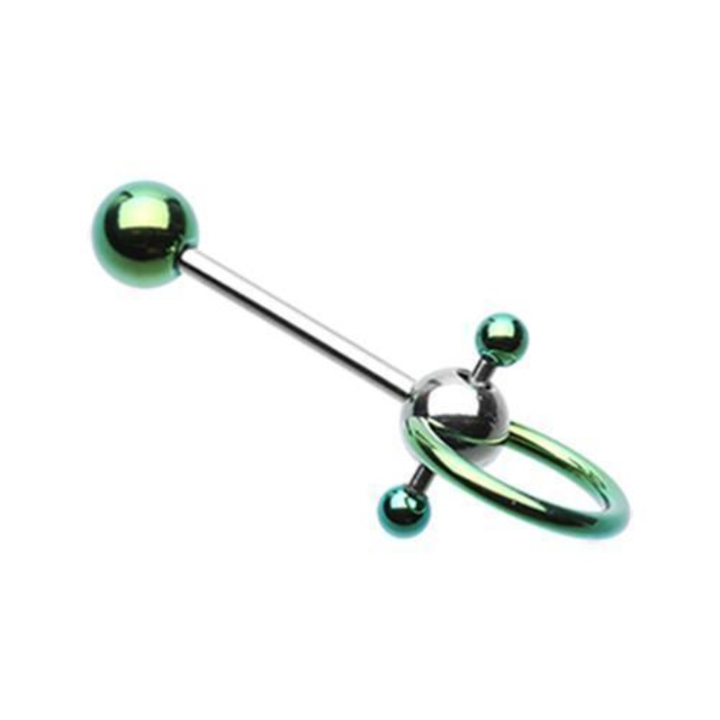 Green PVD Double Ball Slave Tongue Barbell Ring 14G (1.6mm) Length: 5/8″ (16mm)