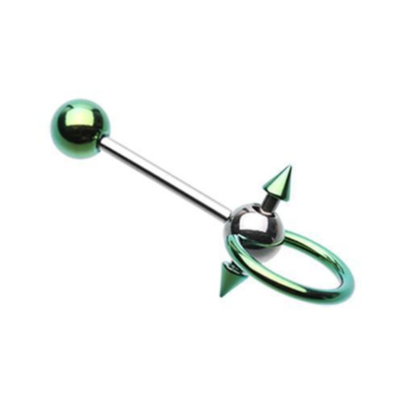 Green PVD Double Spike Slave Tongue Barbell Ring 14G (1.6mm) Length: 5/8″ (16mm)