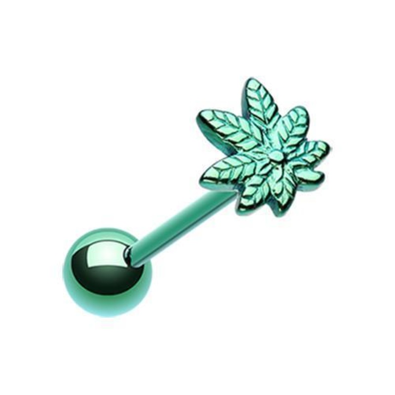 Green PVD Pot Leaf Top Barbell Tongue Ring 14G (1.6mm) Length: 5/8″ (16mm) | Ball-Size: 5/16″ (8mm)