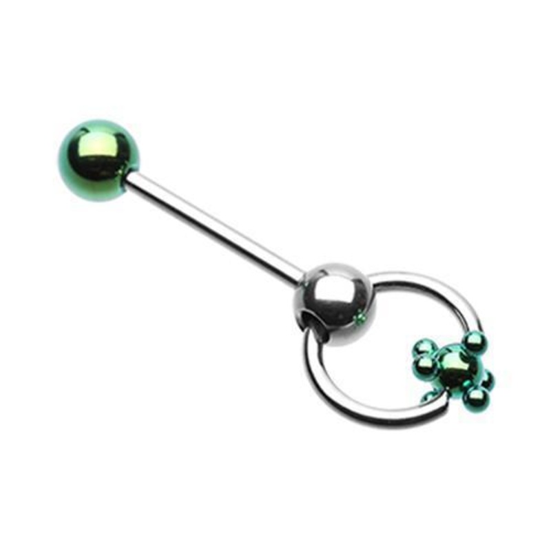 Green PVD Studded Ball Slave Tongue Barbell Ring 14G (1.6mm) Length: 5/8″ (16mm)