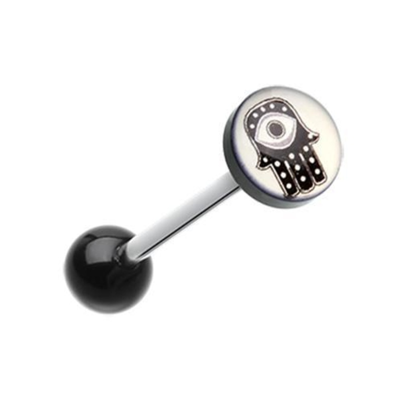 Hamsa Logo Acrylic Barbell Tongue Ring 14G (1.6mm) Length: 5/8″ (16mm) | Ball-Size: 5/16″ (8mm)