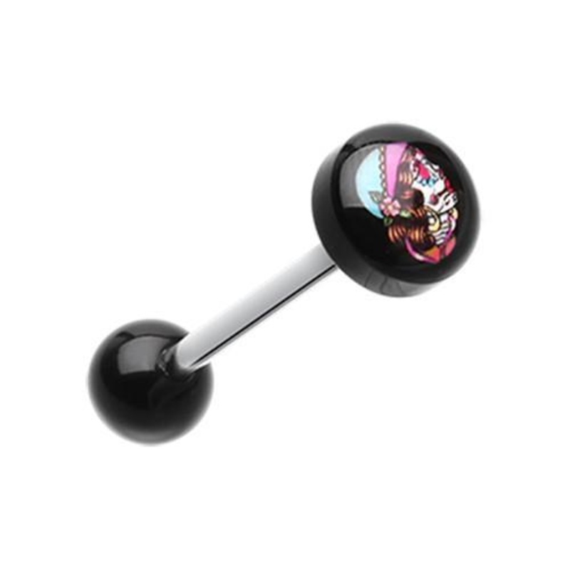 Lady Skull Logo Acrylic Barbell Tongue Ring 14G (1.6mm) Length: 5/8″ (16mm) | Ball-Size: 5/16″ (8mm)
