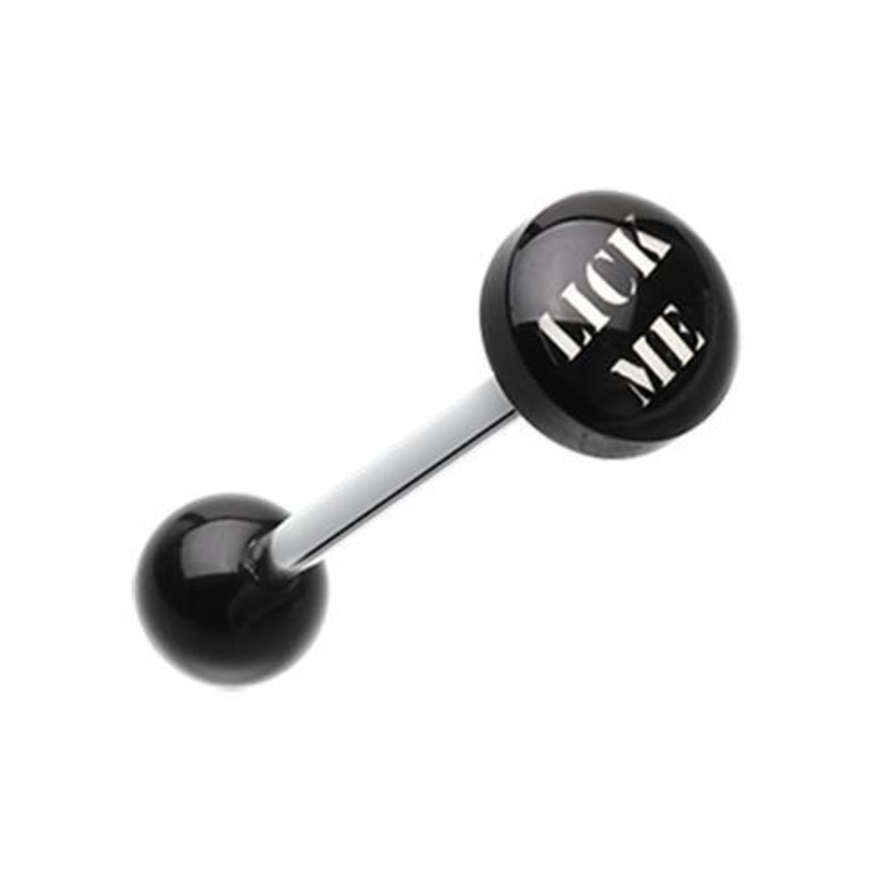 LICK ME’ Logo Acrylic Barbell Tongue Ring 14G (1.6mm) Length: 5/8″ (16mm) | Ball-Size: 5/16″ (8mm)