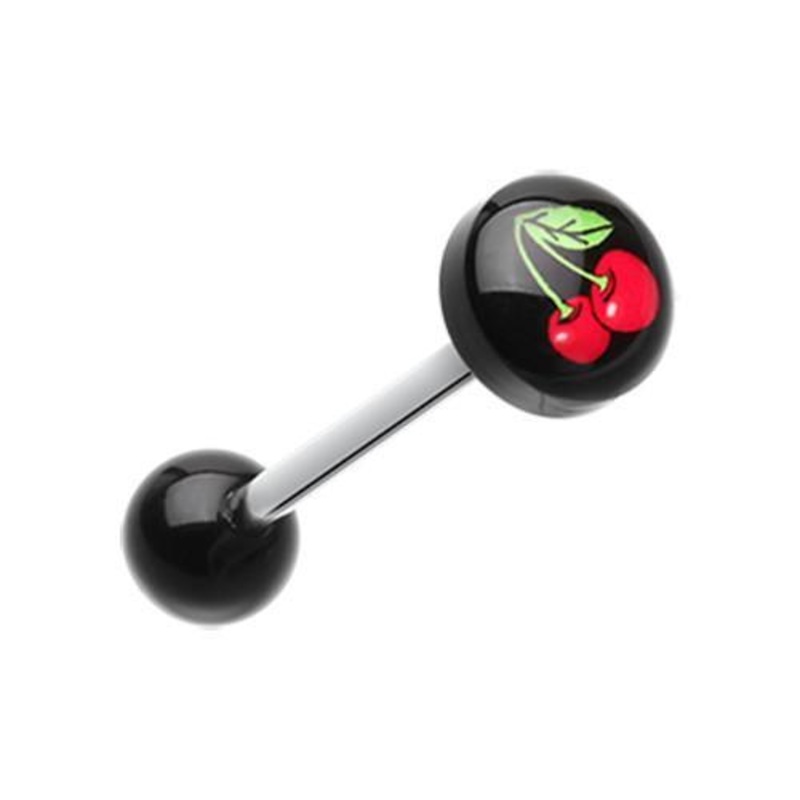 Lucky Cherry Logo Acrylic Barbell Tongue Ring 14G (1.6mm) Length: 5/8″ (16mm) | Ball-Size: 5/16″ (8mm)
