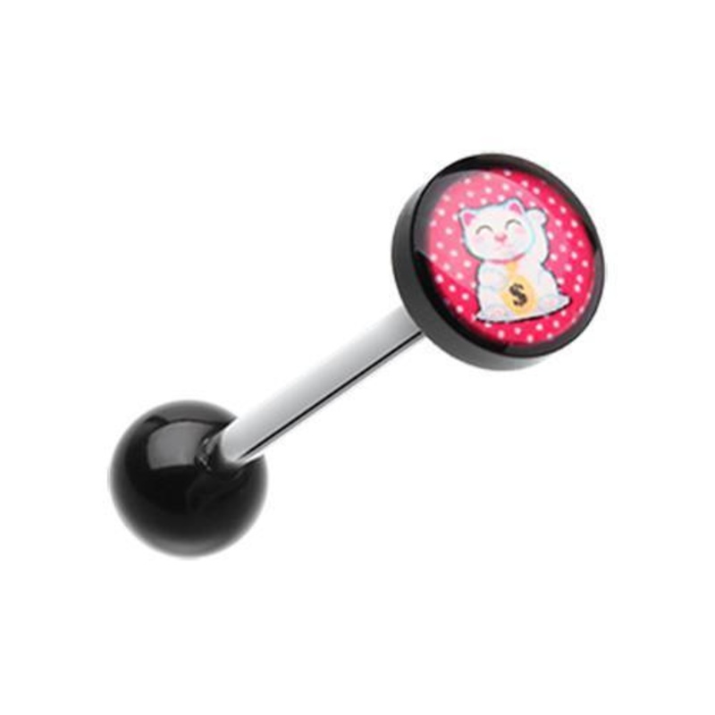 Maneki-Neko Lucky Cat Logo Acrylic Barbell Tongue Ring 14G (1.6mm) Length: 5/8″ (16mm) | Ball-Size: 5/16″ (8mm)
