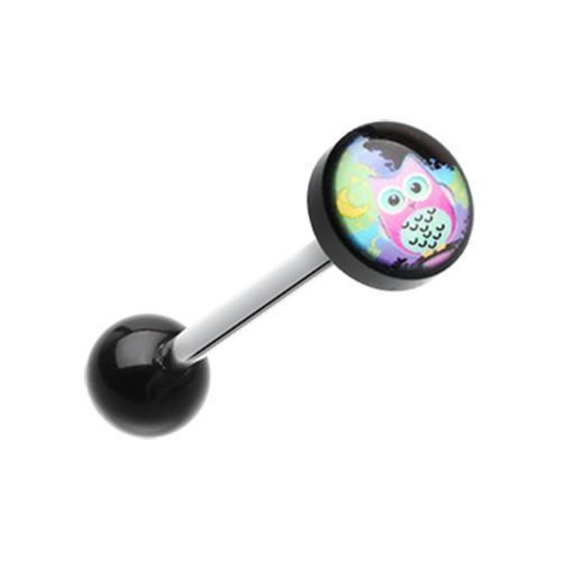 Midnight Owl Logo Acrylic Barbell Tongue Ring 14G (1.6mm) Length: 5/8″ (16mm) | Ball-Size: 5/16″ (8mm)