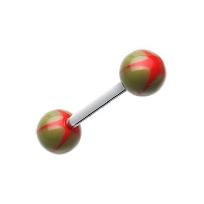 Olive/Red Nova Star Acrylic Top Barbell Tongue Ring 14G (1.6mm) Length: 5/8″ (16mm) | Ball-Size: 1/4″ (6mm)