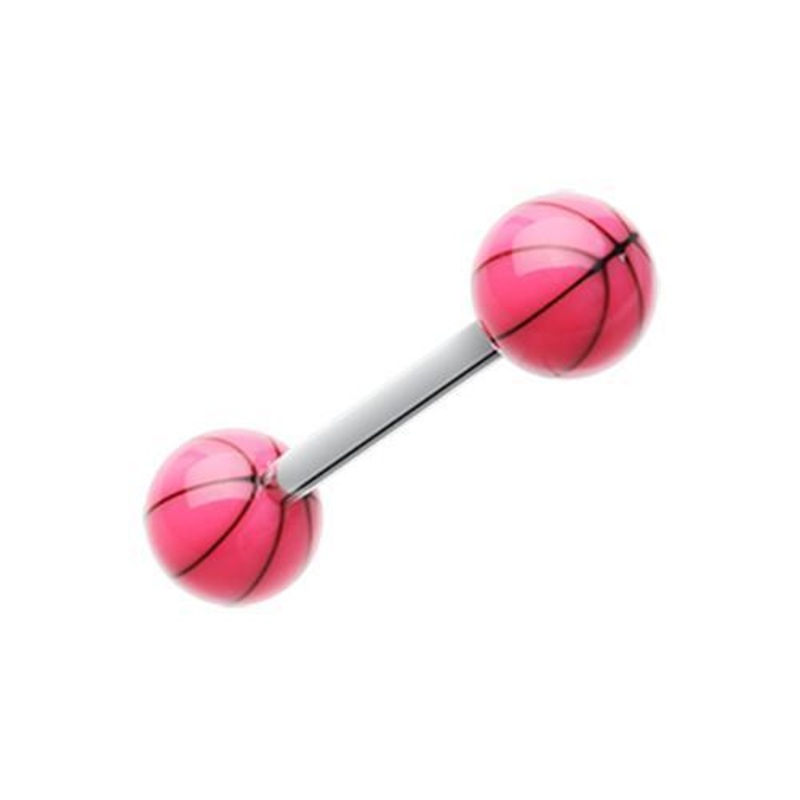 Pink Basketball Acrylic Top Barbell Tongue Ring 14G (1.6mm) Length: 5/8″ (16mm) | Ball-Size: 1/4″ (6mm)