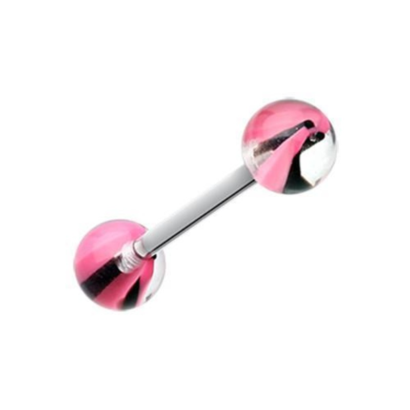 Pink/Black Marble Lace Acrylic Top Barbell Tongue Ring 14G (1.6mm) Length: 5/8″ (16mm) | Ball-Size: 1/4″ (6mm)