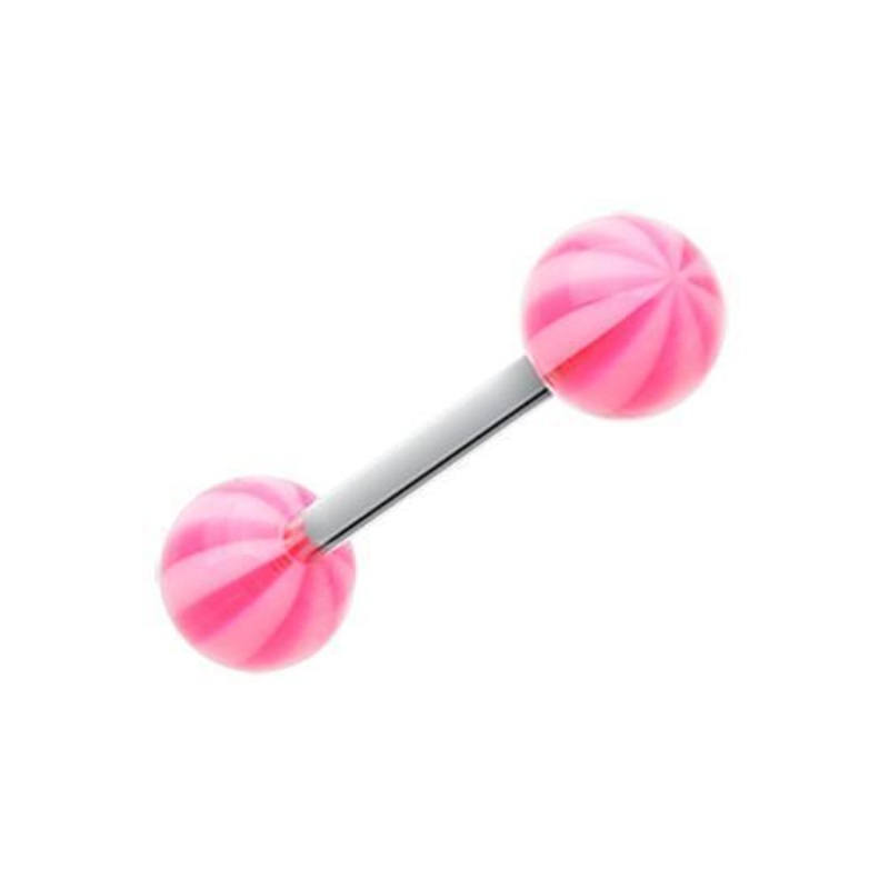 Pink Candy Stripe Acrylic Top Barbell Tongue Ring 14G (1.6mm) Length: 5/8″ (16mm) | Ball-Size: 1/4″ (6mm)
