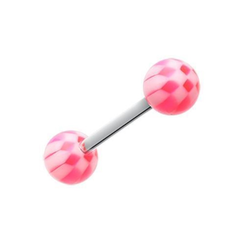 Pink Classic Checker Acrylic Top Barbell Tongue Ring 14G (1.6mm) Length: 5/8″ (16mm) | Ball-Size: 1/4″ (6mm)