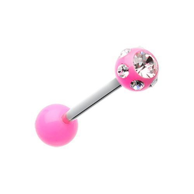 Pink/Clear Aurora Gem Ball UV Acrylic Barbell Tongue Ring 14G (1.6mm) Length: 5/8″ (16mm) | Ball-Size: 1/4″ (6mm)