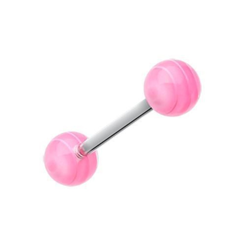 Pink Clear Stripe UV Acrylic Barbell Tongue Ring 14G (1.6mm) Length: 5/8″ (16mm) | Ball-Size: 1/4″ (6mm)