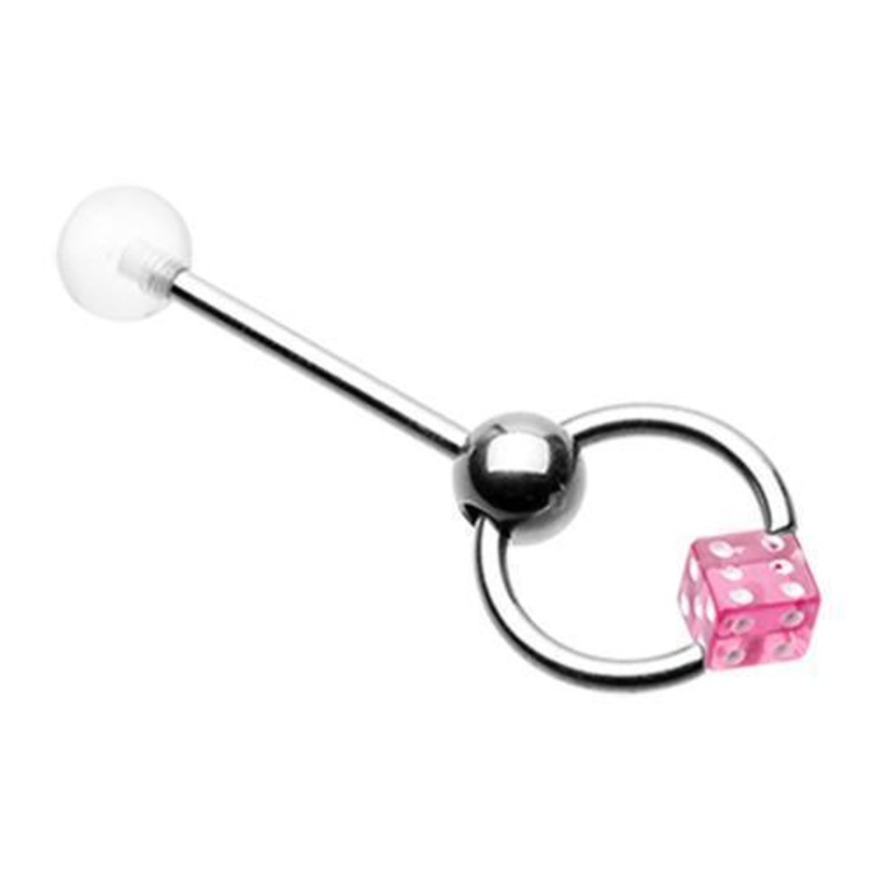 Pink Dice Top UV Acrylic Slave Tongue Barbell Ring 14G (1.6mm) Length: 5/8″ (16mm)