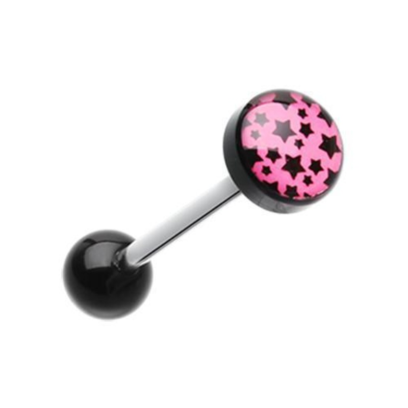Pink Multi Stars Logo Acrylic Barbell Tongue Ring 14G (1.6mm) Length: 5/8″ (16mm) | Ball-Size: 5/16″ (8mm)