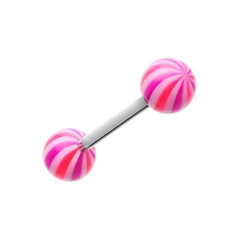 Pink/Purple Candy Swirl Acrylic Top Barbell Tongue Ring 14G (1.6mm) Length: 5/8″ (16mm) | Ball-Size: 1/4″ (6mm)
