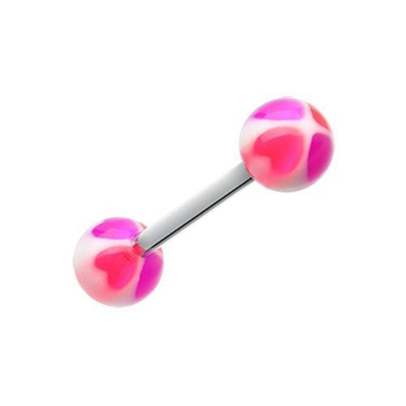 Pink/Purple Heart Tetrad Acrylic Top Barbell Tongue Ring 14G (1.6mm) Length: 5/8″ (16mm) | Ball-Size: 1/4″ (6mm)
