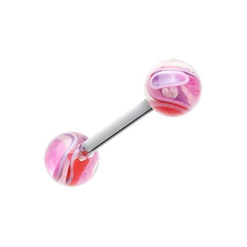Pink/Purple Marble Swirl Acrylic Top Barbell Tongue Ring 14G (1.6mm) Length: 5/8″ (16mm) | Ball-Size: 1/4″ (6mm)