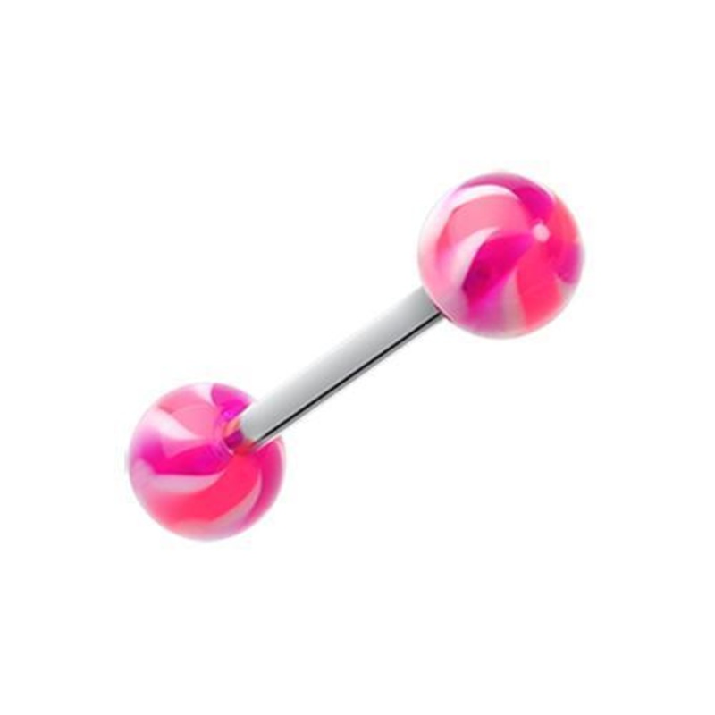 Pink/Purple Pinwheel Stripe Acrylic Top Barbell Tongue Ring 14G (1.6mm) Length: 5/8″ (16mm) | Ball-Size: 1/4″ (6mm)