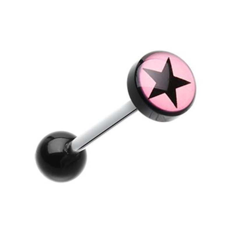 Pink Star Eri Logo Acrylic Barbell Tongue Ring 14G (1.6mm) Length: 5/8″ (16mm) | Ball-Size: 5/16″ (8mm)