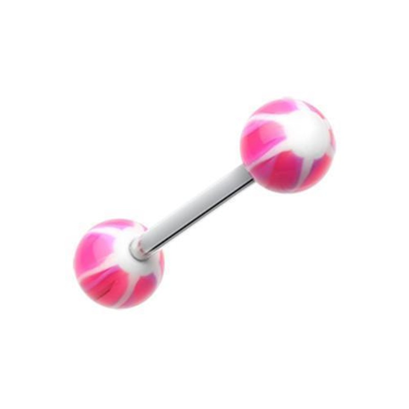 Pink/White Swirl Punch Acrylic Top Barbell Tongue Ring 14G (1.6mm) Length: 5/8″ (16mm) | Ball-Size: 1/4″ (6mm)