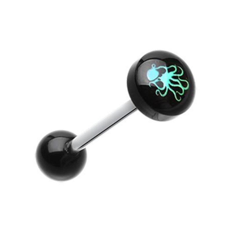 Pirate Octopus Logo Acrylic Barbell Tongue Ring 14G (1.6mm) Length: 5/8″ (16mm) | Ball-Size: 5/16″ (8mm)