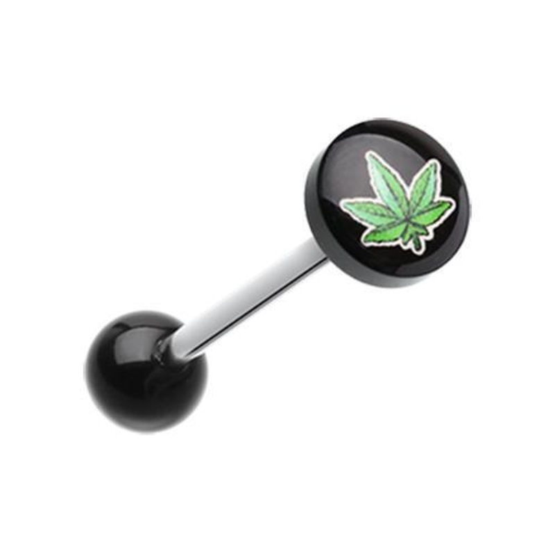 Pot Leaf Logo Acrylic Barbell Tongue Ring 14G (1.6mm) Length: 5/8″ (16mm) | Ball-Size: 5/16″ (8mm)