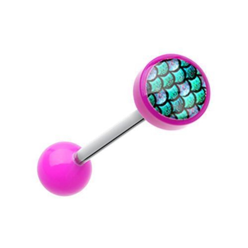 Purple Aquatic Mermaid Scale Acrylic Barbell Tongue Ring 14G (1.6mm) Length: 5/8″ (16mm) | Ball-Size: 1/4″ (6mm)