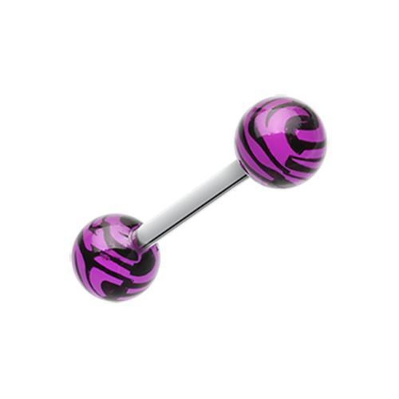 Purple/Black Tiger Print Acrylic Top Barbell Tongue Ring 14G (1.6mm) Length: 5/8″ (16mm) | Ball-Size: 1/4″ (6mm)