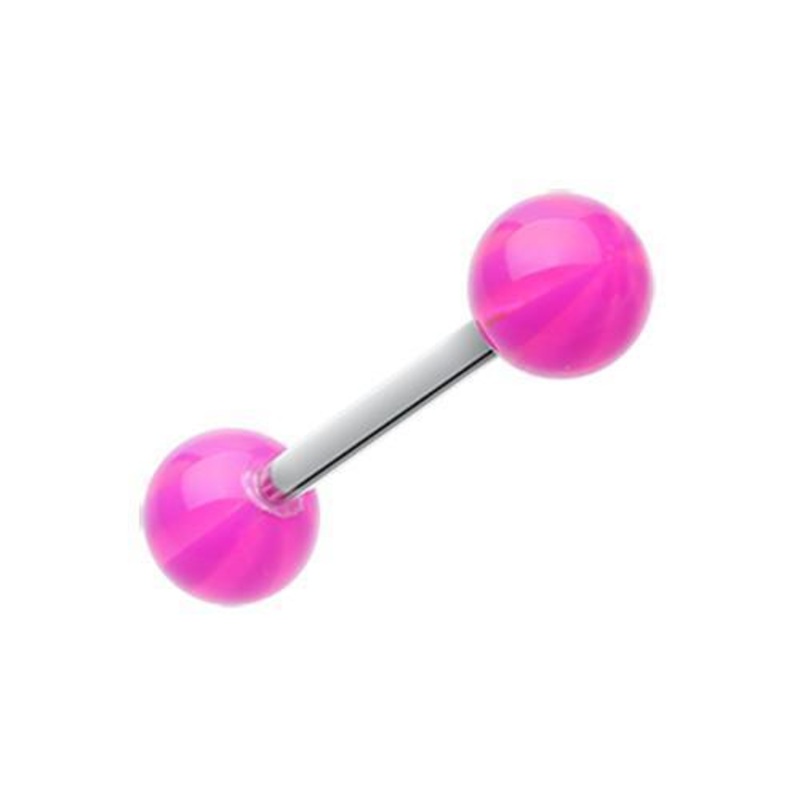 Purple Candy Stripe Acrylic Top Barbell Tongue Ring 14G (1.6mm) Length: 5/8″ (16mm) | Ball-Size: 1/4″ (6mm)