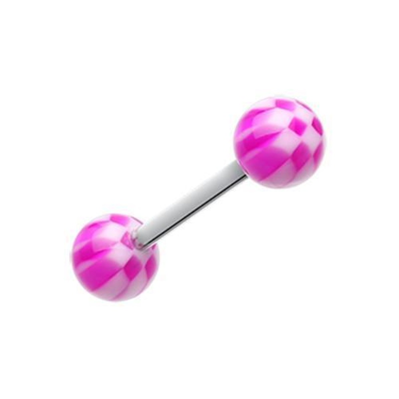 Purple Classic Checker Acrylic Top Barbell Tongue Ring 14G (1.6mm) Length: 5/8″ (16mm) | Ball-Size: 1/4″ (6mm)