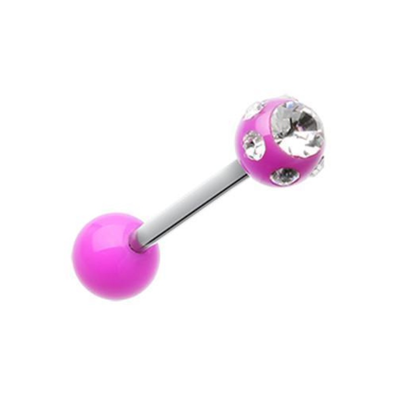 Purple/Clear Aurora Gem Ball UV Acrylic Barbell Tongue Ring 14G (1.6mm) Length: 5/8″ (16mm) | Ball-Size: 1/4″ (6mm)