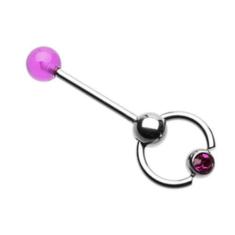 Purple Gem Ball Top Slave Tongue Barbell Ring 14G (1.6mm) Length: 5/8″ (16mm)
